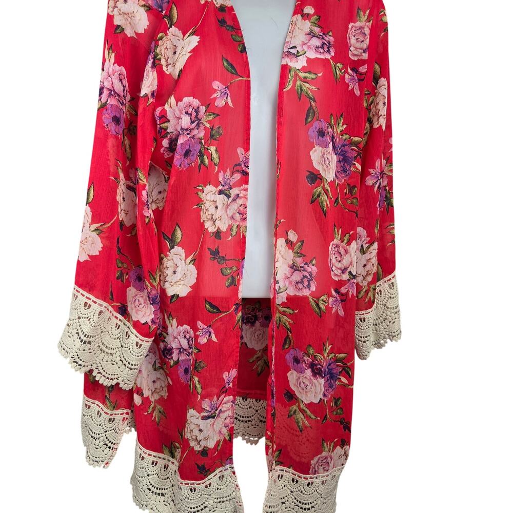 Rewind Womens L Floral Kimono Coverup Coral Crochet Lace Open Front Boho